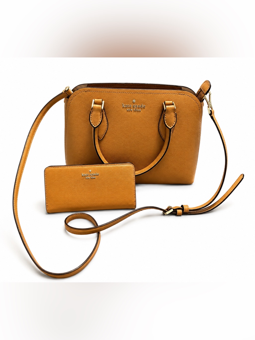 Kate Spade Mustard Leather Dome Satchel With Matching Wallet And Crossbody Strap